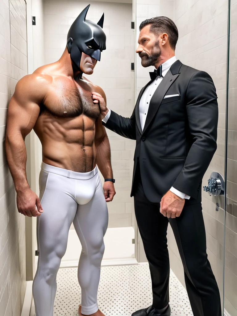 score_9, score_8_up, score_7_up, score_6_up, score_5_up, score_4_up , bara,2men,gay,photo realistic,age difference,
Alfred (wet tuxedo, butler, intelligent, gentlemanly, slim, 60s, Batman costume folded and hanging on his arm) is hugged and French kissed by Batman (hairy, muscular, tall, body covered with old scars, naked with erection and white briefs) wearing only a mask, shower room