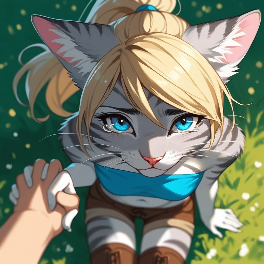 Solo, score_9,score_8_up,score_7_up, source_furry, kat, Anthro furry feline, blue eyes, blonde hair, (ponytail hair), pink nose, :3, white whiskers, silver fur with grey stripes, furry body, wearing blue bandeau, brown short shorts, brown boots, on her knees, w sitting, sniffling, sad expression, tearing up, on a grassy field, outdoors at night, pov, human viewer, from above, Birds Eye view, pov viewer is holding her hand, hand holding