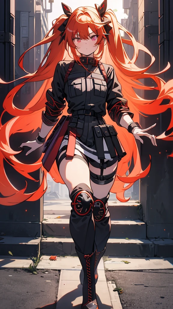 long-haired girl with pigtails, orange hair, perfect body, metallic robot arms, red-purple eyes, military jacket, beautiful thick thighs, purple-red and black clothes, military boots, many belts, holds a futuristic laser cannon, has war scars, walking shot, full body focus, high definition details, military base background.