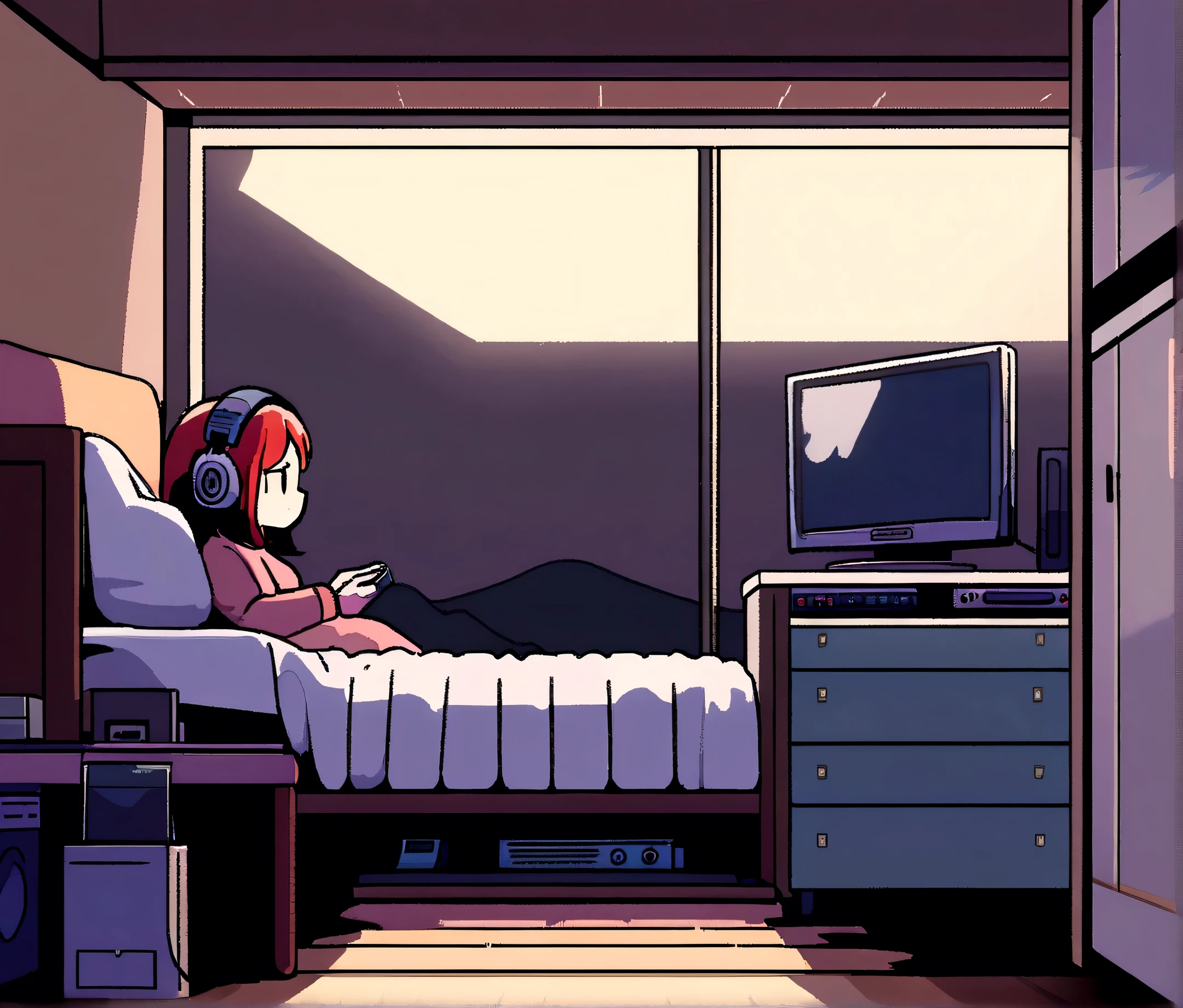 Girl listening to music in a cozy room at night, Wearing Headphones, anime 2D style, lo-fi, Hard disk, dark surroundings
