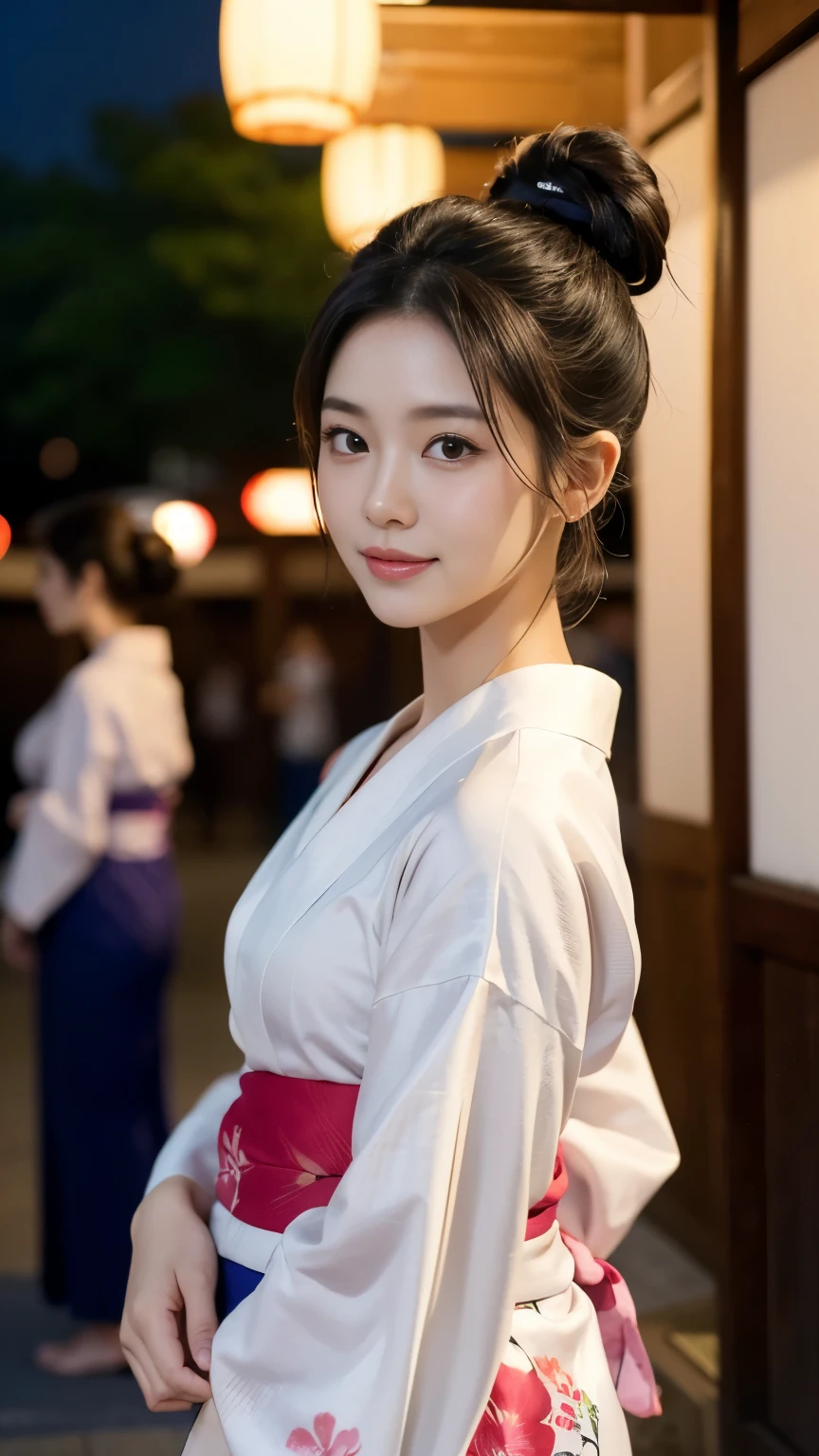 [super high quality,Masterpiece,Ultra high definition],((Japanese,woman,1 person,Super Beauty,Japanese beauty)),(seven-headed body,Model Body Type,Beautiful Skin,Dark brown eyes,A shy smile,a little sweaty),(Short Hair,Black Hair,Her hair is tied up in a bun),(A lustrous yukata,A yukata with a floral pattern made of white fabric),Approach to the shrine,fair,Out-of-focus background,night,Summer festival