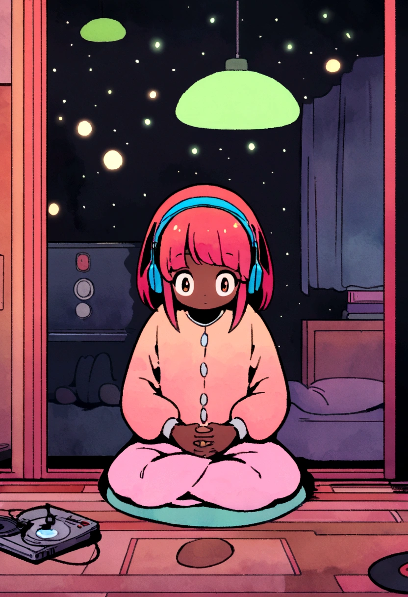  sitting listening to music in a cozy room at night, Wearing Headphones, anime 2D style, lo-fi, Hard disk, dark surroundings,, maroon hair, eyes black, brown skin, 12 year old , dressed in pink pajamas at the mall. European hippie girl meditating in her room, dreaming, Wear headphones, night lights, Neon landscape on a rainy day, Analog Color Theme, Hip Hop Lo-Fi , retrospective, flat ass, 2.5D ,Draw a line, ink draw, big gradient, Watercolor painting, Cor Goosch, Studio Ghibli style, Impressively colorful, External ton, Krautlock, lofi art, 70s style,Ancient textures, amplitude,Psychedelic atmosphere, tabletop, Incredible technology,Girl listening to music in a cozy room at night, Wear headphones, anime 2D style, they be, Hard disk, dark surroundings