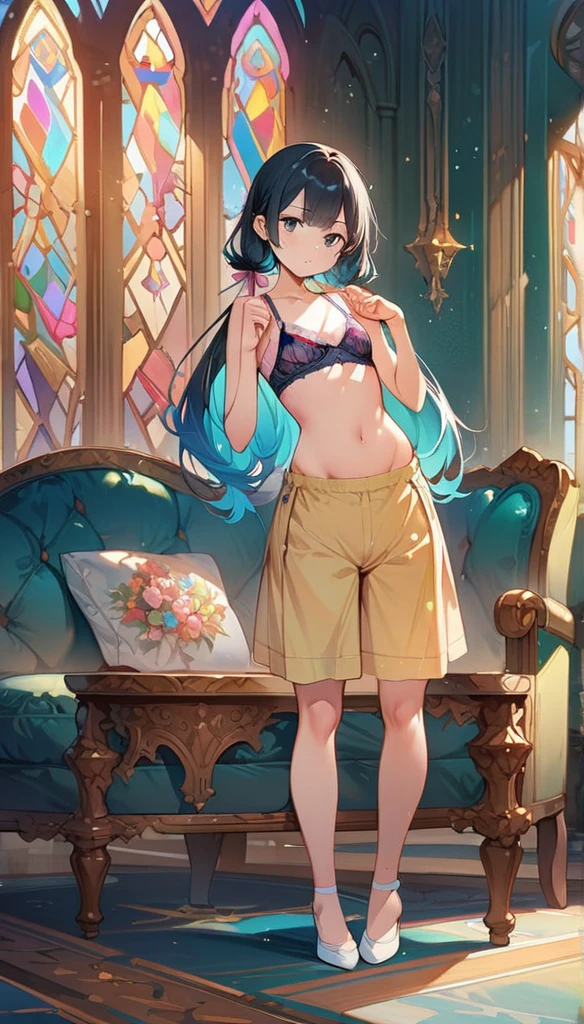 (masterpiece:1.8),(Highest quality:1.8),(Very detailed:1.8),(8k:1.8),(Ultra-fine Illustration:1.5),,,Straight low twintail,Flat Chest,Small Ass,(High-grade ,,lingerie:1.4),(Prayer Pose:1.5),Vintage sofa,,(Full body angle), Stained glass, Rainbow Gradient, Foundation, (bra:1.3), (lingerie,culottes:1.6),シースルーブラジャー