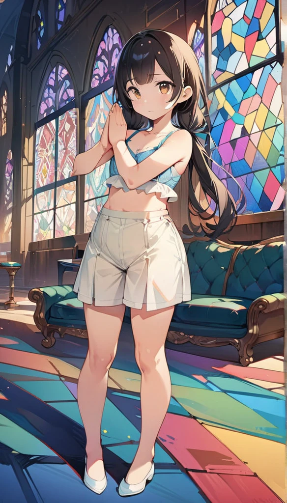 (masterpiece:1.8),(Highest quality:1.8),(Very detailed:1.8),(8k:1.8),(Ultra-fine Illustration:1.5),,,Straight low twintail,Flat Chest,Small Ass,(High-grade ,,lingerie:1.4),(Prayer Pose:1.5),Vintage sofa,,(Full body angle), Stained glass, Rainbow Gradient, Foundation, (bra:1.3), (lingerie,culottes:1.6),シースルーブラジャー