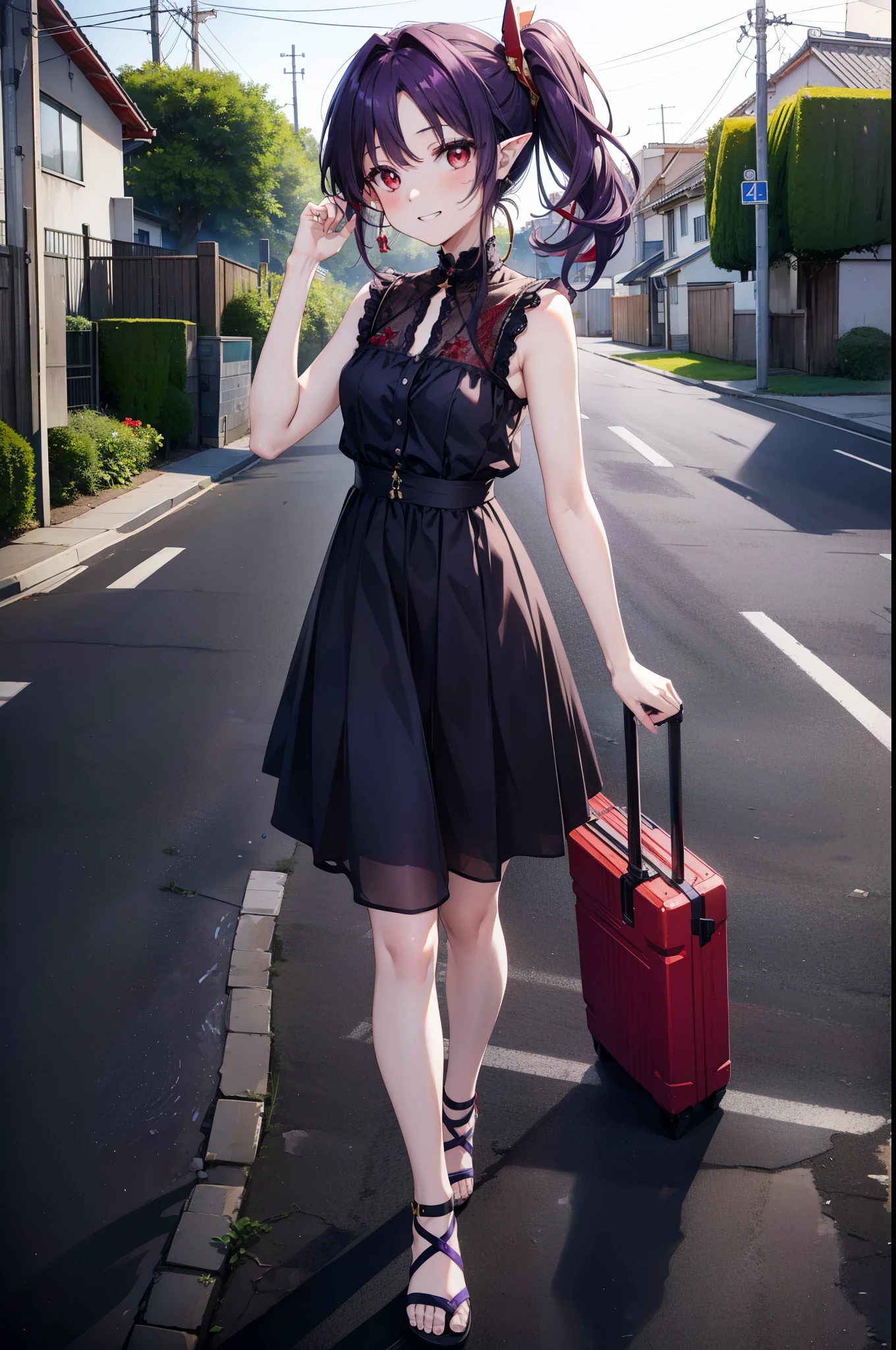 yuukikonno, Yuki Konno, hair band, Long Hair, Pointy Ears, Purple Hair, (Red eyes:1.5), (Small breasts:1.2),Side Ponytail,smile,Grin,Purple sleeveless dress、Cute Sandals,Put your right hand on your hip,Push-type suitcase,Are standing,Daytime,whole bodyがイラストに入るように, break looking at viewer, whole body, break outdoors,countryside, Residential Street,city, break (masterpiece:1.2), Highest quality, High resolution, unity 8k wallpaper, (shape:0.8), (Fine and beautiful eyes:1.6), Highly detailed face, Perfect lighting, Highly detailed CG, (Perfect hands, Perfect Anatomy),チックなmorning日,morning,Extreme Light,