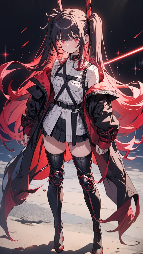 long-haired girl with pigtails, vermilion hair, perfect body, metallic robot arms, red-purple eyes, military jacket, beautiful thick thighs, purple-red and black clothes, military boots, many belts, holds a futuristic laser cannon, has war scars, walking shot, full body focus, high definition details, military base background.