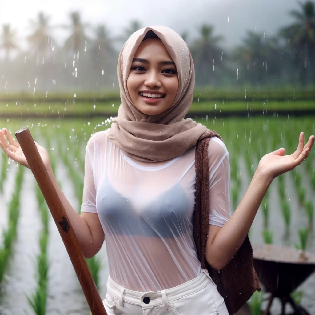 a hijab woman standing in the rain, photo realistic, indonesian woman