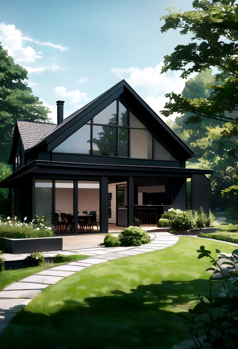 Modern black house design, green garden around the house, black front road