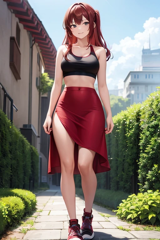 1girl, woman, red sports bra, black midi pencil skirt, tight long skirt, midriff, sneakers, long brown hair, full body, smile, garden, walking