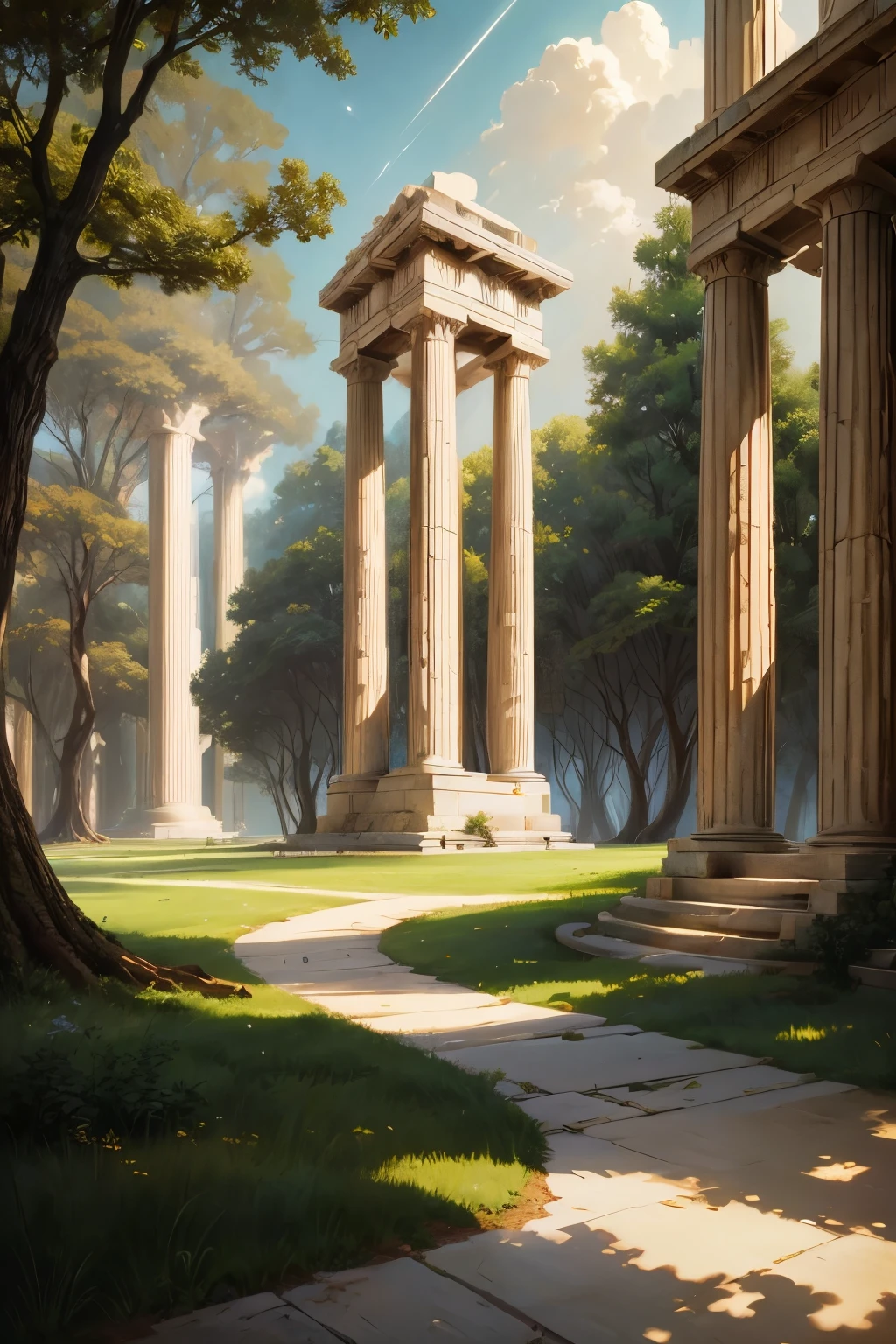 ralph-mcquarrie style, greek architecture done in a sci-fi style on a beautiful forest and meadow scene with tall buildings and open green spaces, oil painting, beautiful, highly detailed