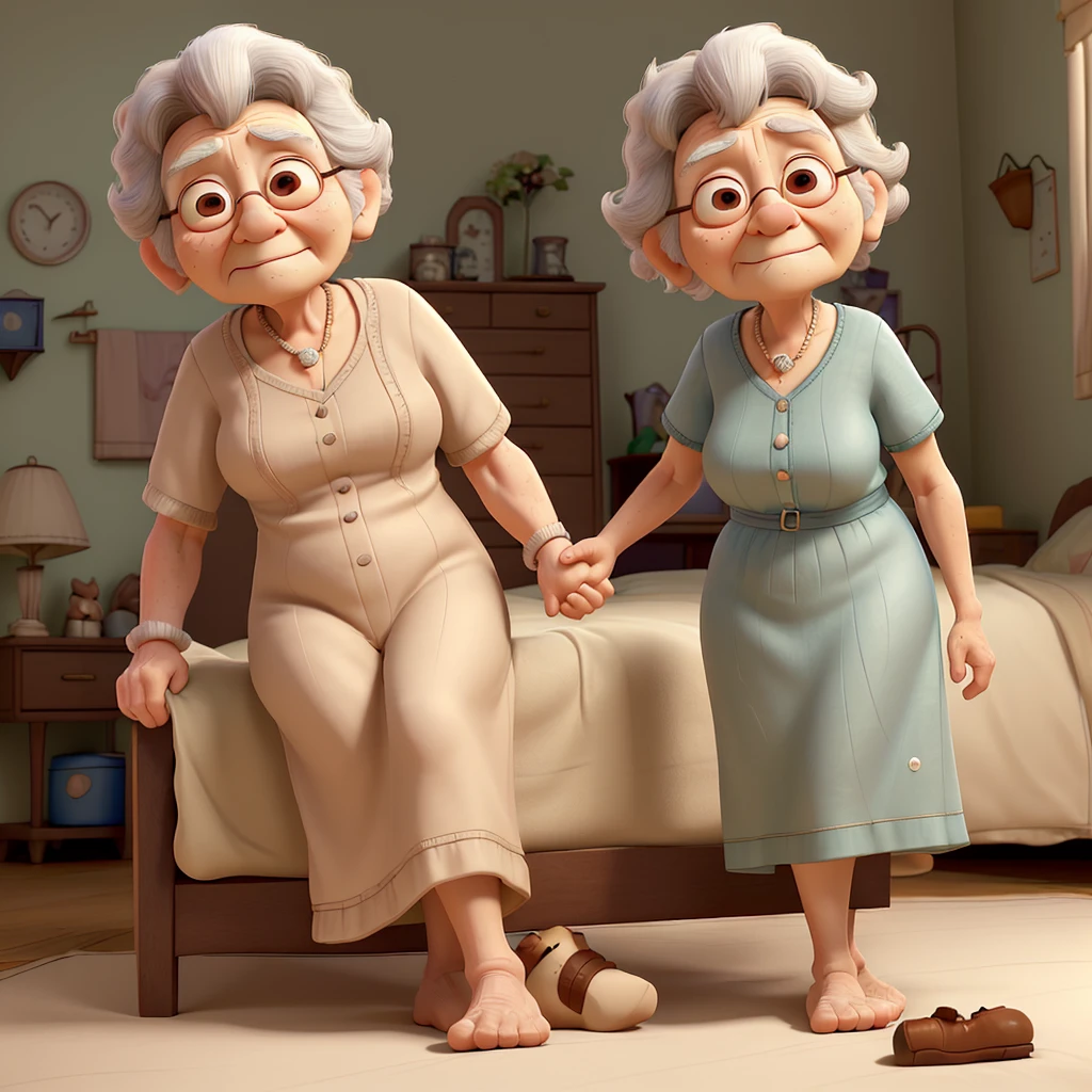 An 88-year-old grandmother lying on the bed in a simple room with no objects except the bed. She is very old, with deeply wrinkled skin, and in her last hours of life. Her 37-year-old grandson, with short wavy hair and a low beard, with brown skin, sits next to her, holding her hand, showing care and sadness. The grandson is saying, 'I love you, grandma.' The scene is solemn, with a sense of deep emotion."