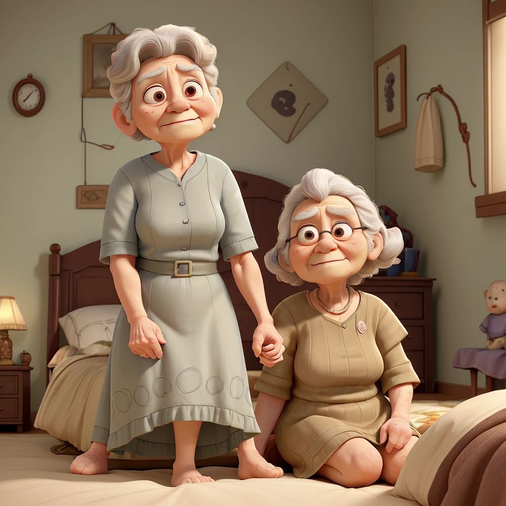 An 88-year-old grandmother lying on the bed in a simple room with no objects except the bed. She is very old, with deeply wrinkled skin, and in her last hours of life. Her 37-year-old grandson, with short wavy hair and a low beard, with brown skin, sits next to her, holding her hand, showing care and sadness. The grandson is saying, 'I love you, grandma.' The scene is solemn, with a sense of deep emotion."