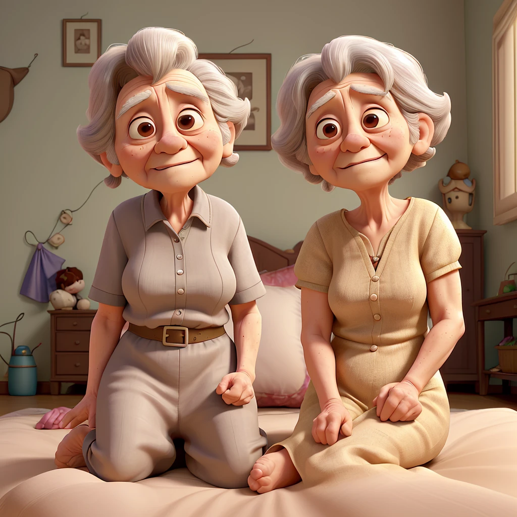 An 88-year-old grandmother lying on the bed in a simple room with no objects except the bed.  She is very old, with deeply wrinkled skin, and in her last hours of life.  Her 37-year-old grandson, with short wavy hair and a low beard, with brown skin, sits next to her, holding her hand, showing care and sadness.  The grandson is saying, 'I love you, grandma.'  The scene is solemn, with a sense of deep emotion."