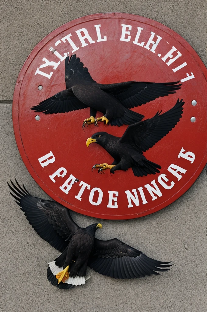 football shield, round red, bench and black, with a black eagle taking flight like this the sky with a sign in the middle, FC Lanza