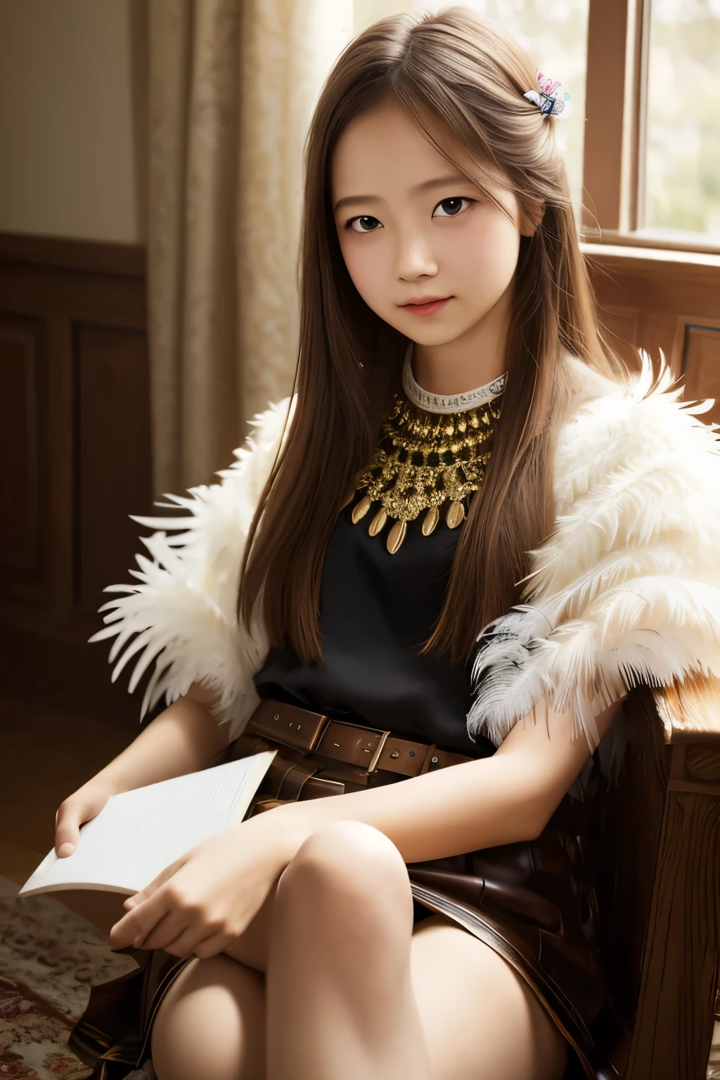 1girl, masterpiece, best quality, photorealistic, feather_doulikui, sitting