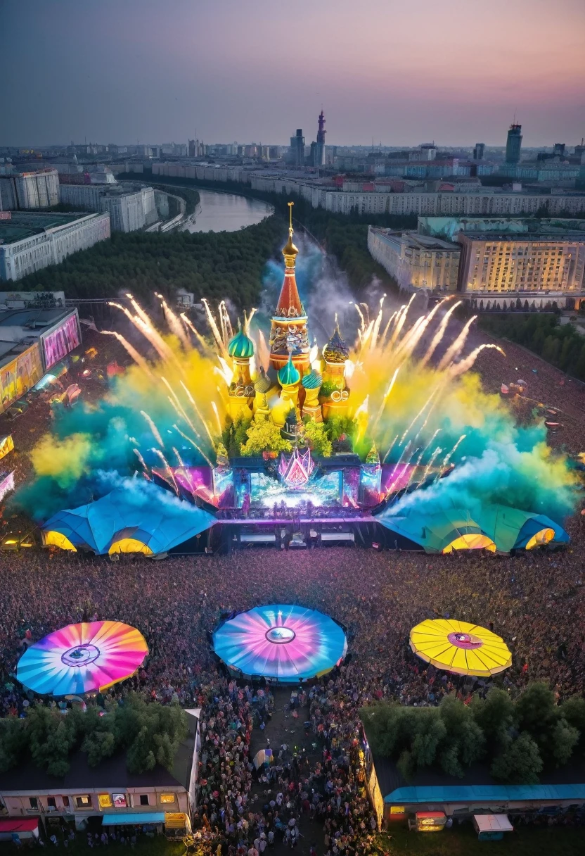 - "A massive open-air techno event with thousands of beautiful dancing adults, featuring Alexei Navalny, some with clothing reminiscent of the Ukrainian flag, vibrant and energetic atmosphere, colorful lights and stage, diverse crowd with smiling faces, dynamic dance moves, intricate costumes, held at the Mutabor/Arma venue in Moscow, summer daytime setting, industrial backdrop with graffiti art, futuristic installations, DJs mixing on elevated platforms, detailed sound equipment, vibrant decor with neon elements, interactive light shows, confetti in the air, cityscape of Moscow visible in the background, food stalls and lounge areas, vibrant and immersive experience --v 5 --q 2 --ar 16:9"