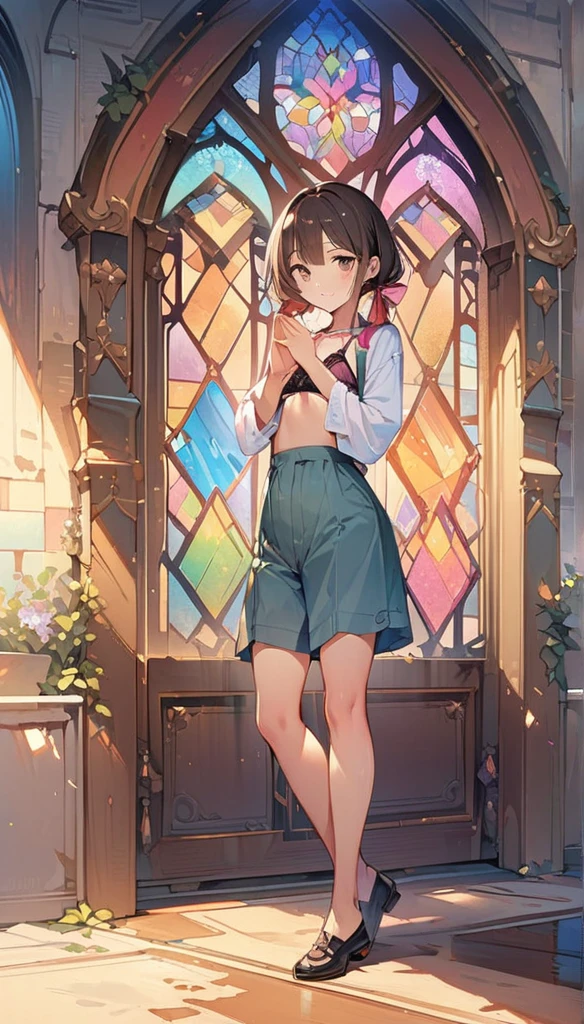 (masterpiece:1.8),(Highest quality:1.8),(Very detailed:1.8),(8k:1.8),(Ultra-fine Illustration:1.5),,,Straight low twintail,Flat Chest,Small Ass,(High-grade ,,lingerie:1.4),(Prayer Pose:1.5),Vintage sofa,,(Full body angle), Stained glass, Rainbow Gradient, Foundation, (bra:1.3), (lingerie,culottes:1.6),シースルーブラジャー