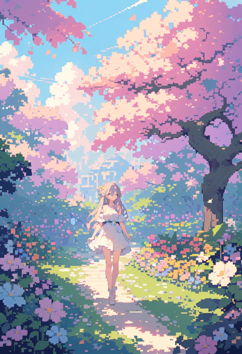 a beautiful detailed pixel art painting of a girl in a vibrant flower garden, summer afternoon light, delicate watercolor style, pastel colors, intricate details, soft focus, bright and luminous, masterpiece