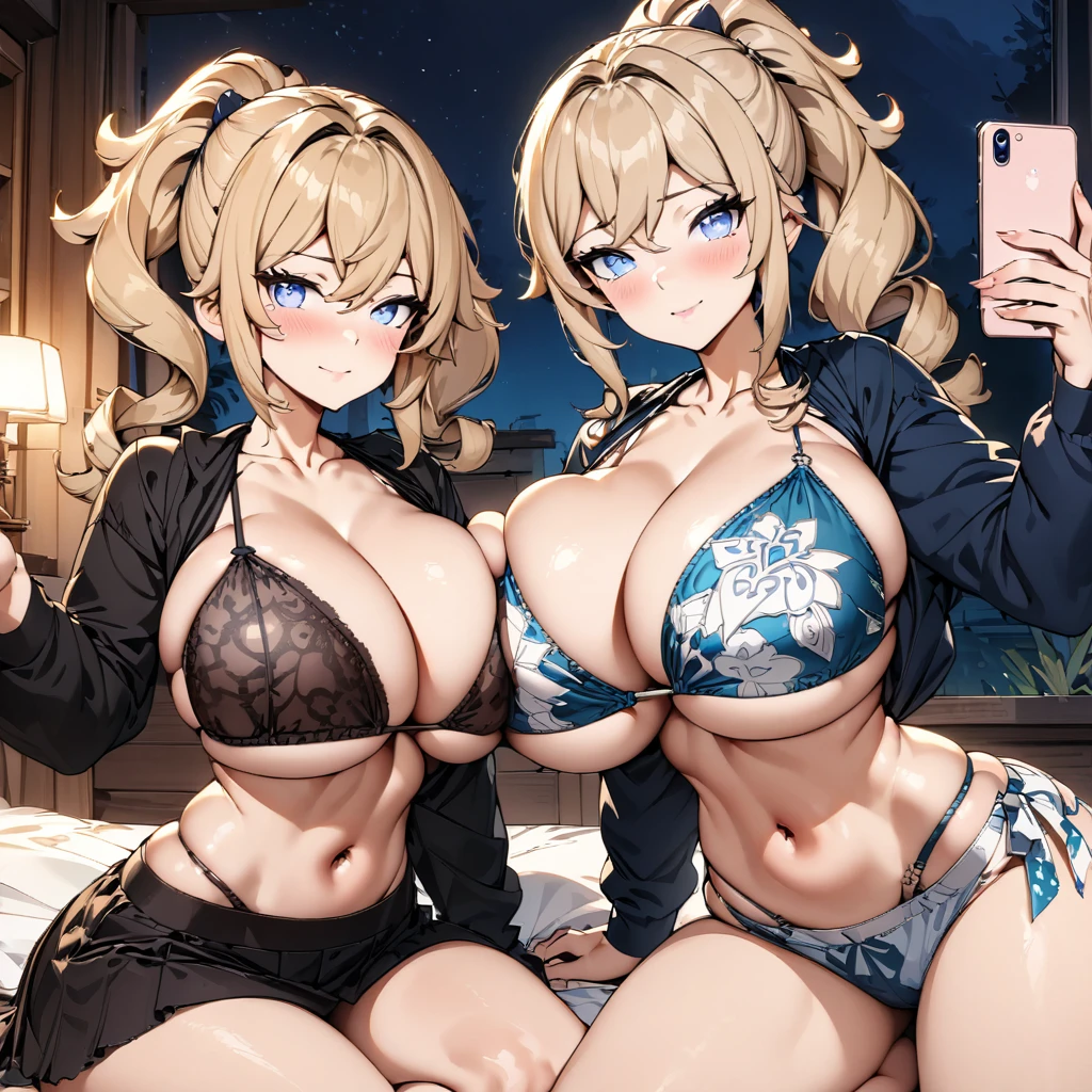 (masterpiece), (highest quality), (illustration), (super detailed), (high resolution), absurdity, ((2girls)), barbara,jean,genshin impact,seductive smile,blush,pretty patterned string bikini,night,bedroom,yokozuwari,looking at viewer,bimbo,cleavage,cowboy shot,taking a selfie