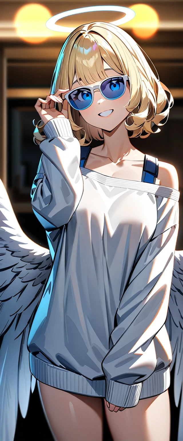 ((flying in the sky)), ((angel, big big white wings:1.3, halo:1.3)), ((sky)), (((sunglasses, hand to sunglasses))), (((cowboy shot))), archangel Uriel, ((wavy hair, outward curled hair)), evening, Sunset, ((blond hair, bob cut:1.3)), breasts, teenager, (looking at viewer), oversized clothes, puffy long sleeves, collarbone, ((off-shoulder sweater:1.3, Quite thick shoulder straps)), ((white sweater)), collarbone, head tilt:1.3, (((blue eyes))), ((happy smile)), (((anime style))), (best quality, 4K, 8K, highres, masterpiece:1.2, ultra-detailed, ultra-detailed eyes, HDR, uhd, studio lighting, ultra-fine painting, sharp focus, physically-based rendering, extreme detail description, professional, vivid colors, bokeh)