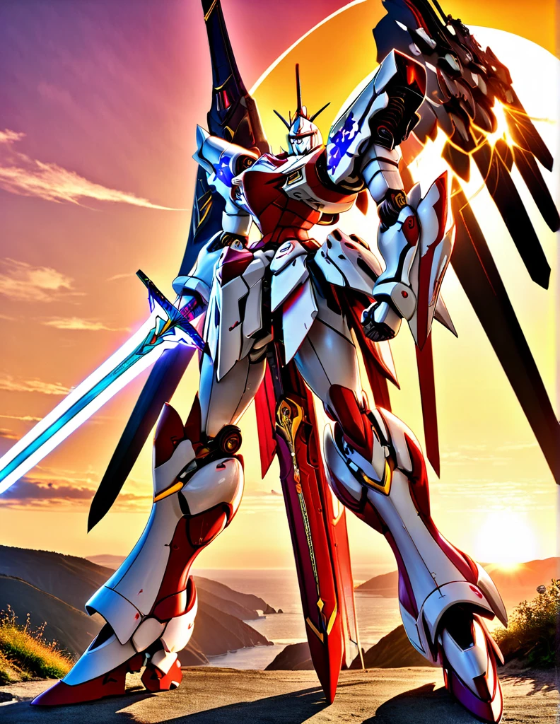 Full body image of King Arthur's personal mech named Excalibur, Excalibur if it were a giant robot, Mecha, Regal Knight aesthetic, white and gold armor with a Scarlett cape billowing in the wind, standing on a cliffside overlooking a fantasy version of Camelot, sunrise in the background, stunning visuals

Holding an energy sword