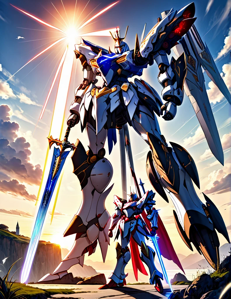 Full body image of King Arthur's personal mech named Excalibur, Excalibur if it were a giant robot, Mecha, Regal Knight aesthetic, white and gold armor with a Scarlett cape billowing in the wind, standing on a cliffside overlooking a fantasy version of Camelot, sunrise in the background, stunning visuals

Holding an energy sword