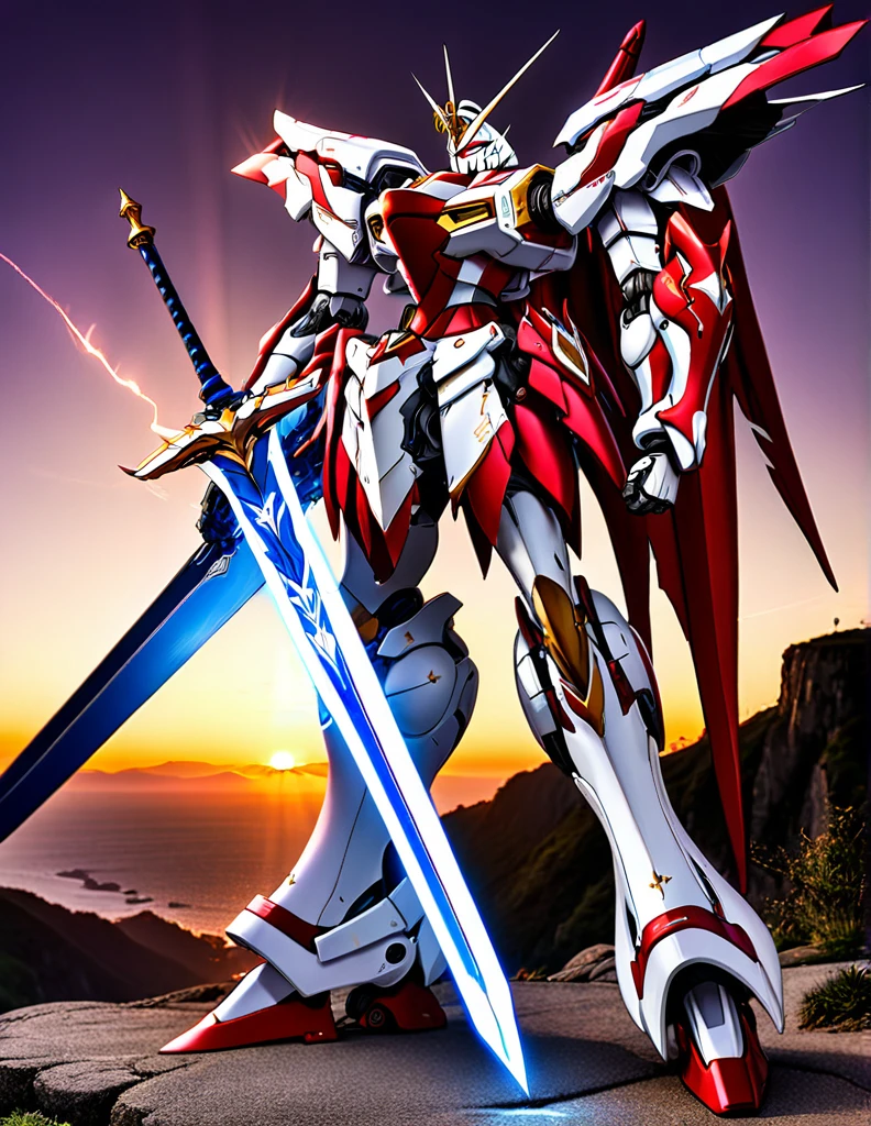 Full body image of King Arthur's personal mech named Excalibur, Excalibur if it were a giant robot, Mecha, Regal Knight aesthetic, white and gold armor with a Scarlett cape billowing in the wind, standing on a cliffside overlooking a fantasy version of Camelot, sunrise in the background, stunning visuals

Holding an energy sword