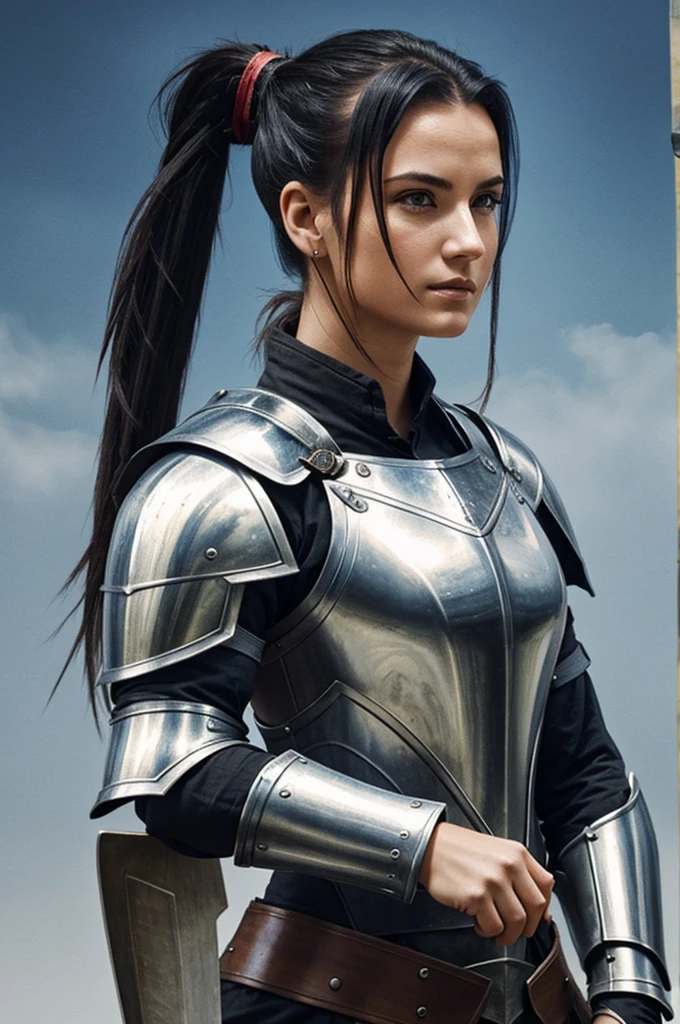 Watercolor portrait of woman in armor, holds a spear upright, ponytail hairstyle, black hair