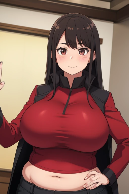 Plump year 21 big breasts black hair brown eyes happy longer hair smile blushing deredere red shirt black coat