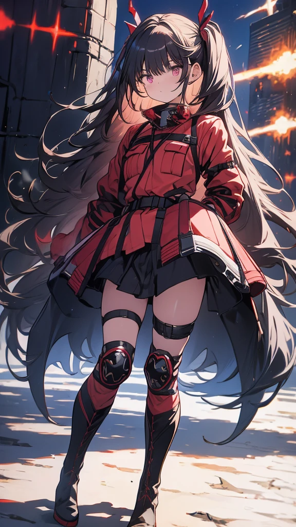 long-haired girl with pigtails, vermilion hair, perfect body, metallic robot arms, red-purple eyes, military jacket, beautiful thick thighs, purple-red and black clothes, military boots, many belts, holds a futuristic laser cannon, He has war scars, walking shot, full body focus, high definition details, dynamic lighting, RTX, military base background.