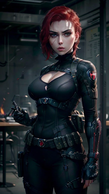 Scarlett Johansson as Black Widow, ((Masterpiece)); ((Natural Beauty)); ((Ultrarealistic green eyes)); both eyes are similar; ((Ultrarealistic fair white skin)); ((Ultrarealistic round boobs)); Deep Cleavage; ((Ultrarealistic red short classic bob haircut hairstyle)); ((Ultrarealistic round Asscheeks)); slim waist; ((Ultrarealistic widow bite black gloves)); ((Ultrarealistic black widow utility belt)); black and red tactical vest; Bright Red stripe accents on the side of the suit; Short sleeve; looking at the viewer;  
She stands with her feet shoulder-width apart, one hand on her hip and the other resting on a weapon holstered at her side. Her short hair is slicked back, and she has an intense, intimidating stare that shows she means business.