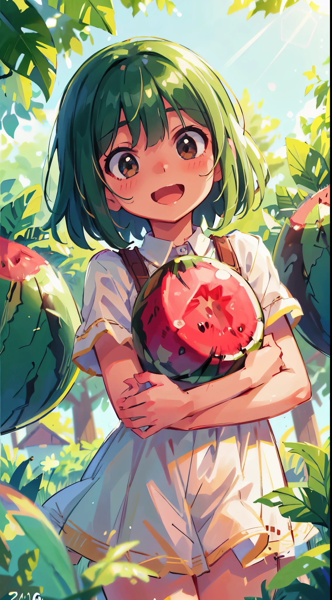 Girl, Watermelon, Happy, Summer, Perfect Quality, Clear Focus (Clutter - Home: 0.8), (Masterpiece: 1.2) (Realistic: 1.2) (Bokeh) (Best Quality) (Detailed Skin: 1.3) (Intricate Detail) (8K) (Detail Eye) (Sharp Focus), (Happy