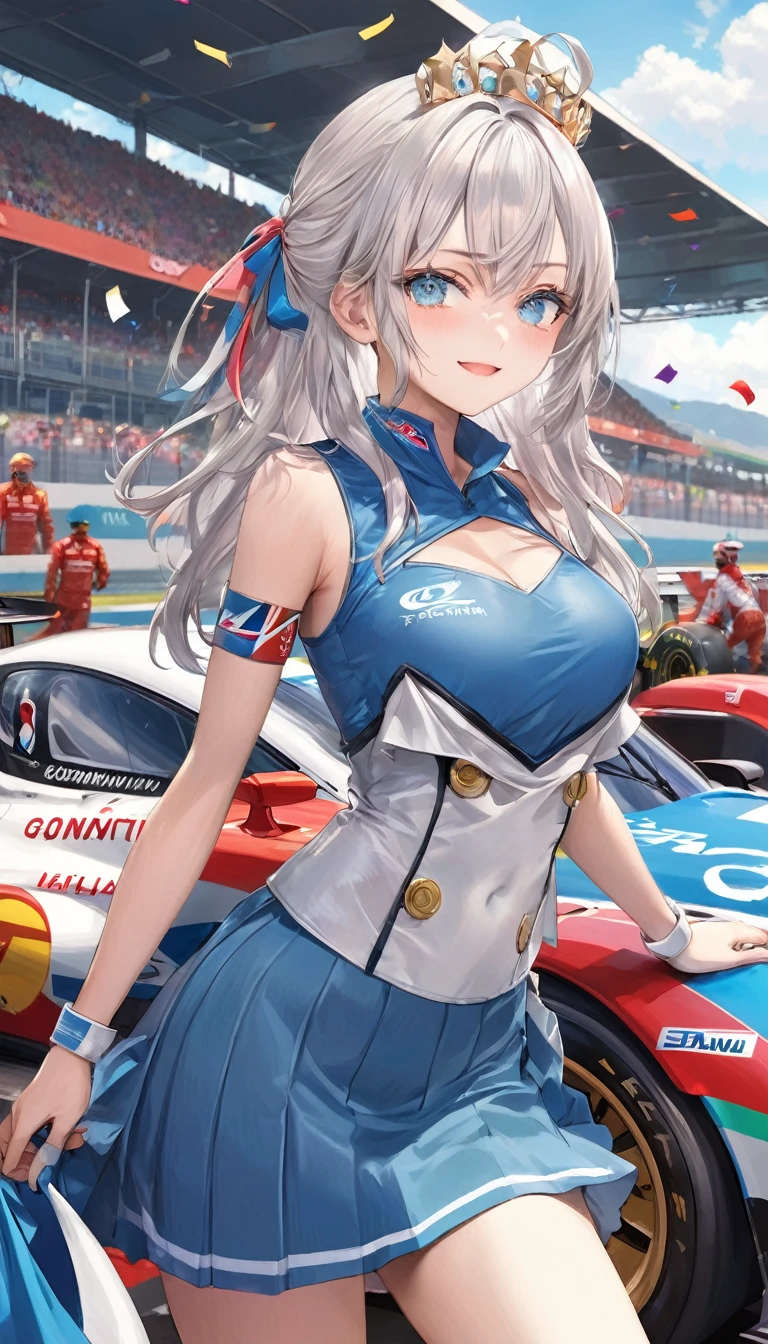 of the highest quality, super quality, 16k, incredibly absurd, Very detailed, 2.5D, delicate and dynamic, blue sky, confetti, race car, Flag, small face, Extremely delicate facial expression., representation of delicate eyes, Closeup of upper body, single sexy lady, healthy and fit body, 22 year old lady, Queen race, 170 cm tall, big, firm bouncing busts, silver white long hair, long sexy legs, 派手なQueen raceのコスチューム, Long blue skirt, Long white leather boots, formula 1, car racing track