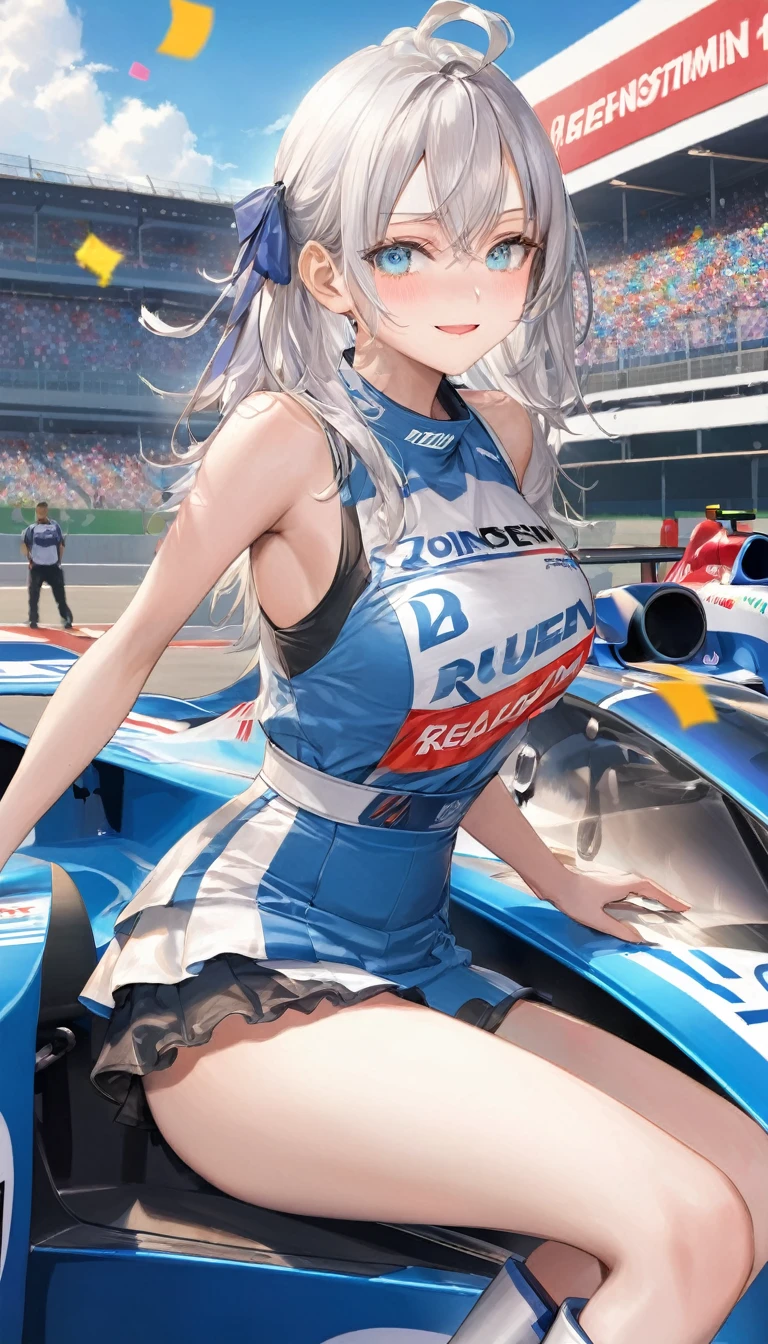 of the highest quality, super quality, 16k, incredibly absurd, Very detailed, 2.5D, delicate and dynamic, blue sky, confetti, race car, Flag, small face, Extremely delicate facial expression., representation of delicate eyes, Closeup of upper body, single sexy lady, healthy and fit body, 22 year old lady, Queen race, 170 cm tall, big, firm bouncing busts, silver white long hair, long sexy legs, 派手なQueen raceのコスチューム, Long blue skirt, Long white leather boots, formula 1, car racing track