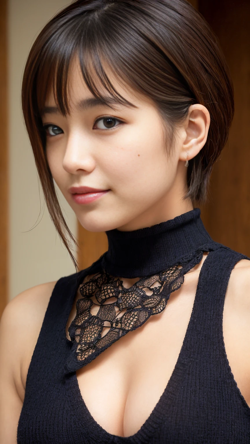 Japanese woman wearing a black sleeveless sweater、 (((masterpiece))), ((highest quality)), ((intricate details)), (((超Realistic)), absurd solution, near and far law, very detailed, realistic, 1 girl, ((big breasts)), perfect hands, finger details, beautiful and detailed eyes, short hair, brown eyes,(sleeveless sweater:1.2), Black knitted dress, detailed background, choker, perfect eyes, enchanting eyes, look at the audience, From the side、laughter、mole around the mouth、