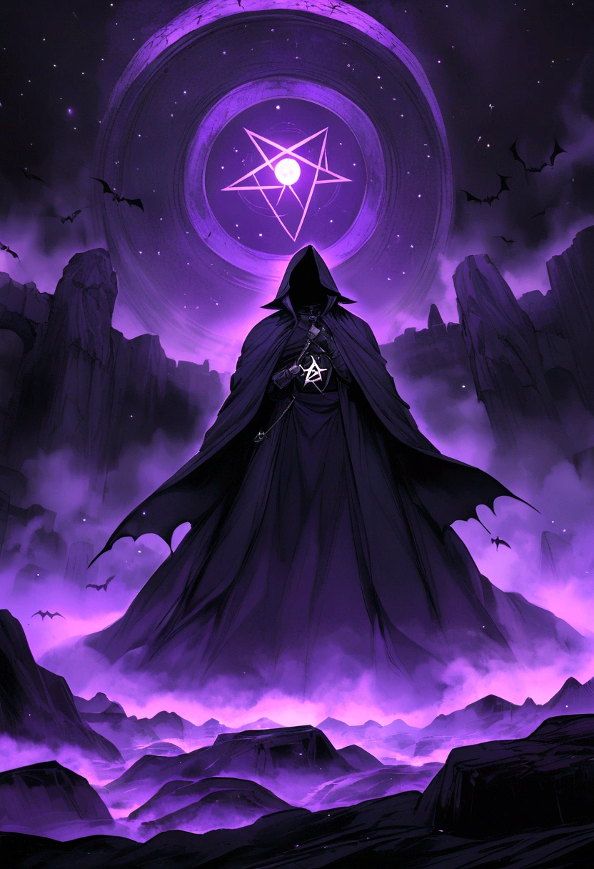 A dark and mystical background inspired by Black Sabbath, featuring a glowing pentagram surrounded by swirling mist and shadowy bats. In the starry night sky above, ominous rock formations and ancient ruins add to the eerie atmosphere. Mystical symbols and the Black Sabbath logo are subtly integrated into the scene, with hints of electric guitars and musical notes drifting through the mist. The color scheme includes deep blacks, purples, and silvery greys, evoking a brooding and atmospheric feel.