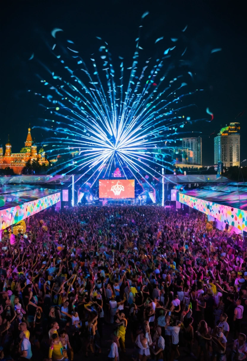 - "A massive open-air techno event with thousands of beautiful dancing adults, featuring Alexei Navalny, some with clothing reminiscent of the Ukrainian flag, vibrant and energetic atmosphere, colorful lights and stage, diverse crowd with smiling faces, dynamic dance moves, intricate costumes, held at the Mutabor/Arma venue in Moscow, summer daytime setting, industrial backdrop with graffiti art, futuristic installations, DJs mixing on elevated platforms, detailed sound equipment, vibrant decor with neon elements, interactive light shows, confetti in the air, cityscape of Moscow visible in the background, food stalls and lounge areas, vibrant and immersive experience --v 5 --q 2 --ar 16:9"