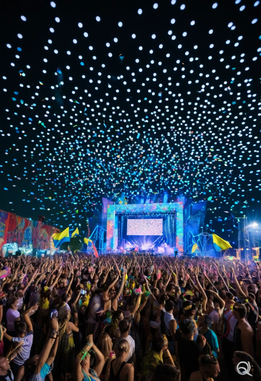 - "A massive open-air techno event with thousands of beautiful dancing adults, featuring Alexei Navalny, some with clothing reminiscent of the Ukrainian flag, vibrant and energetic atmosphere, colorful lights and stage, diverse crowd with smiling faces, dynamic dance moves, intricate costumes, held at the Mutabor/Arma venue in Moscow, summer daytime setting, industrial backdrop with graffiti art, futuristic installations, DJs mixing on elevated platforms, detailed sound equipment, vibrant decor with neon elements, interactive light shows, confetti in the air, cityscape of Moscow visible in the background, food stalls and lounge areas, vibrant and immersive experience --v 5 --q 2 --ar 16:9"