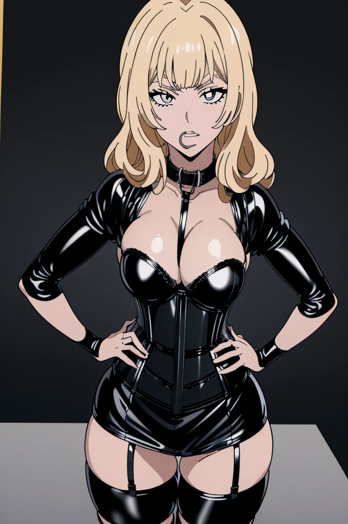 高いest quality、masterpiece、((1 Girl:1.3))、((Her eyes are single、Her eyes are fished out:1.5))、((Her mouth is big、White teeth stand out:1.5))、((anger))、(((She has her bangs down:1.8)))、(((Her bangs are straight:1.8)))、((Natural curl:1.3))、((Curly Hair))、((Gray Hair:1.5))、Detailed face、 (Comic style illustration:1.8), (Line art_anime:1.5),(Black and white painting:1.8),(Monotony_High Contrast:1.5),(G-Pen)、bondage、Queen、Gal、One Girl、alone、(((指先までBlack latexで覆われた長い手袋)))、(((Black latex corset dress:1.4)))、(((Beautiful lace corset dress.)))、(((corset dress with shoulder straps)))、(((Black latex tight mini shorts:1.4)))、(((Black thigh-high boots)))、Stiletto heels、(((Black latex)))、(((Black latex bra)))、(((Black leather collar)))、(((Hands on hips pose)))、Spread your legs、(((erotic)))、(((Cowboy Shot)))、