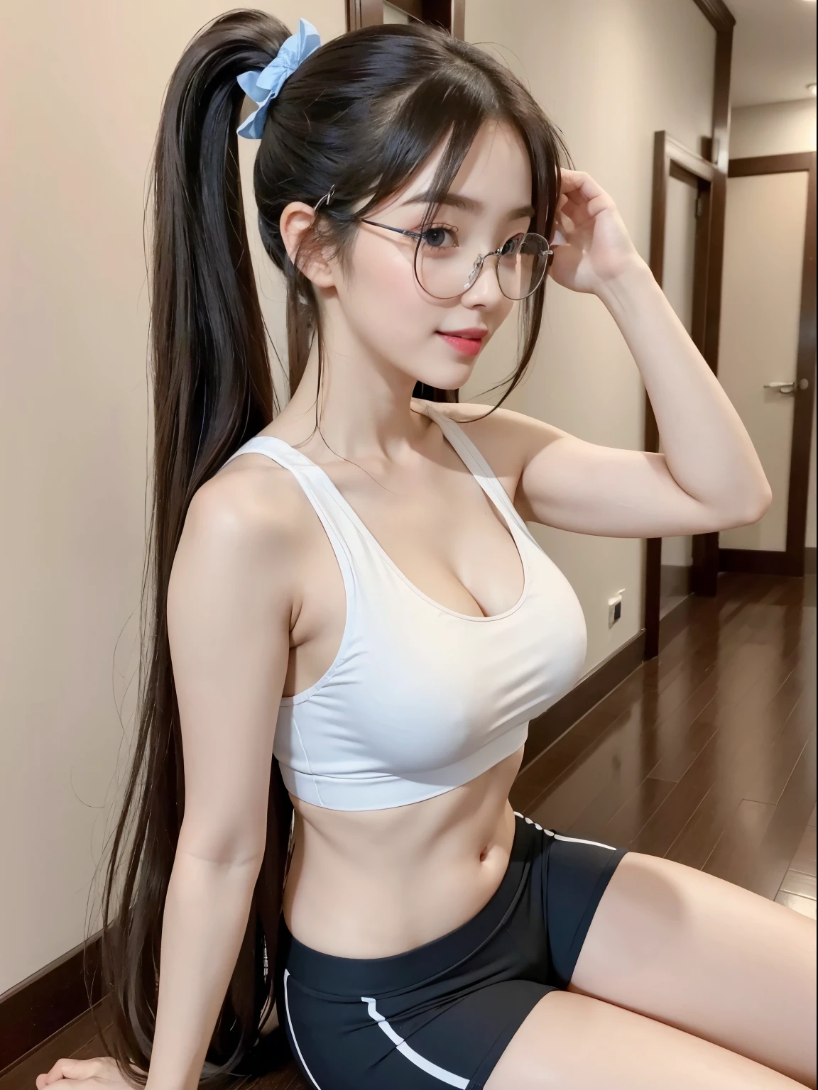 (Best quality, masterpiece, detailed), (RAW, 4k, hd images), 1 girl, , white skin, long hair, ponytail, layers hair, bangs, black hair, beautiful girl, cute girl, sweet girl, pretty girl, perfect girl, perfect body, pretty eyes, blue eyes, thin lips, (eye line, lip soft), perfect round breast, glasses(detailed frame), simple background, smile, thigh, legs, gym uniforms, full body, modeling pose, free style pose, random angle capture