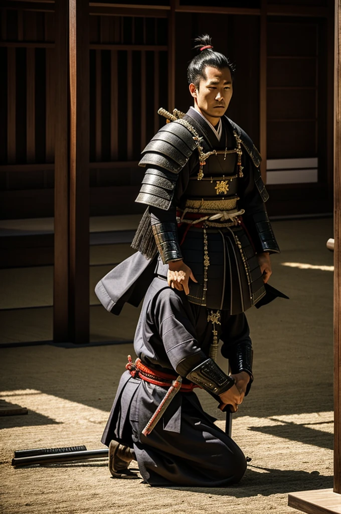 A samurai on his back on his knees