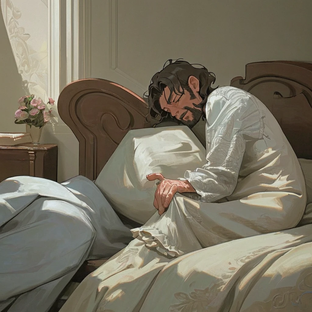 An 88-year-old grandmother lying on the bed in a simple room with no objects except the bed. She is very old, with deeply wrinkled skin, and in her last hours of life. Her 37-year-old grandson, with short wavy hair and a low beard, with brown skin, sits next to her, holding her hand, showing care and sadness. The grandson is saying, 'I love you, grandma.' The scene is solemn, with a sense of deep emotion."