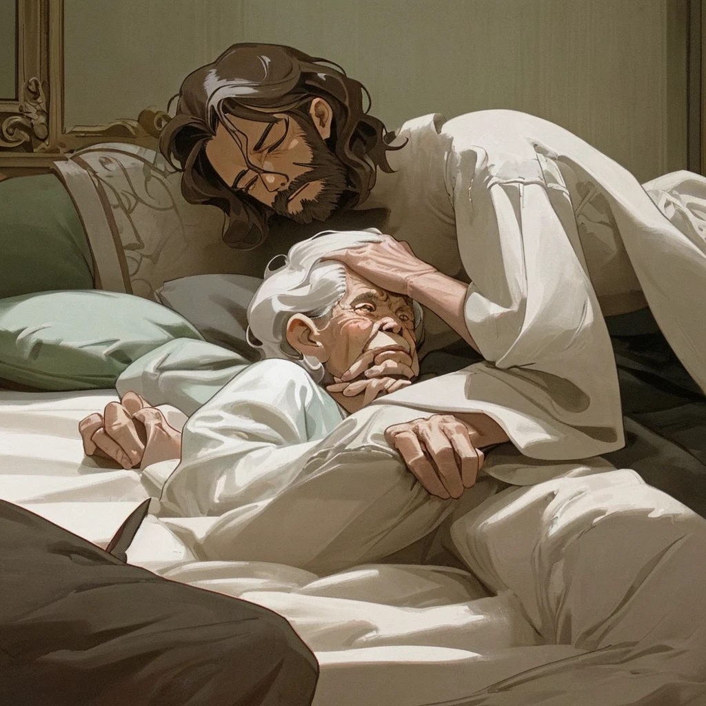 An 88-year-old grandmother lying on the bed in a simple room with no objects except the bed. She is very old, with deeply wrinkled skin, and in her last hours of life. Her 37-year-old grandson, with short wavy hair and a low beard, with brown skin, sits next to her, holding her hand, showing care and sadness. The grandson is saying, 'I love you, grandma.' The scene is solemn, with a sense of deep emotion."
