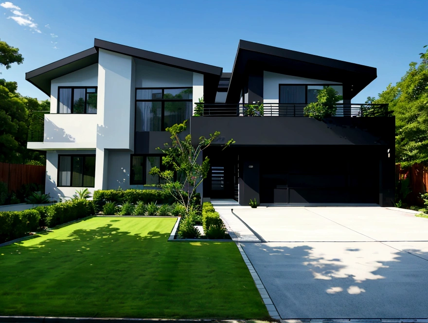 Modern black house design, green garden around the house, black front road