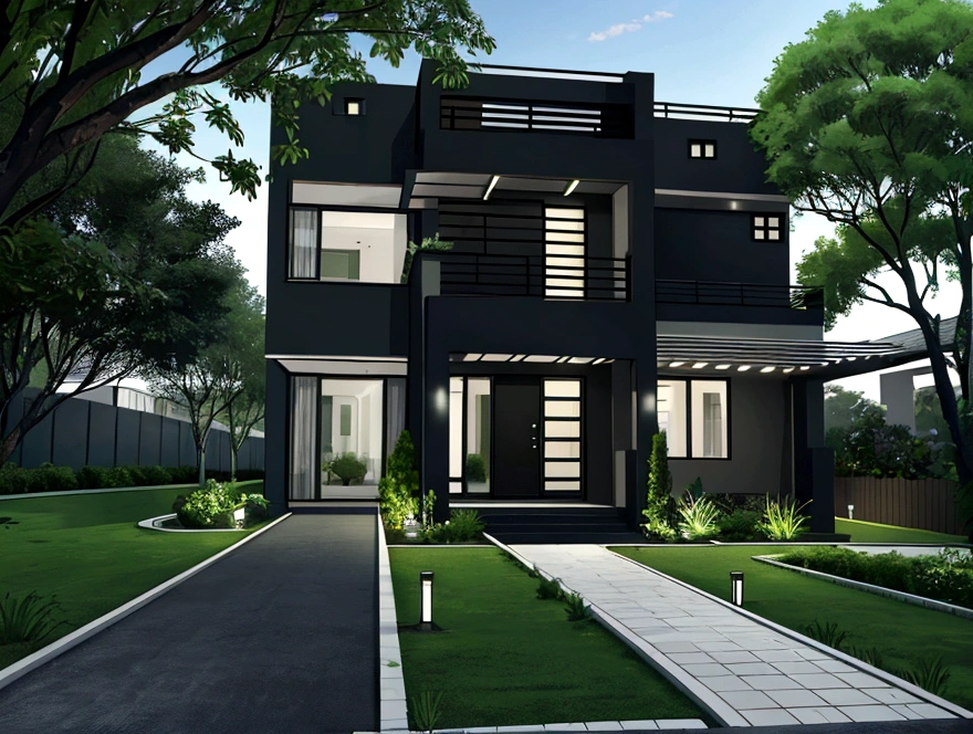 Modern black house design, green garden around the house, black front road