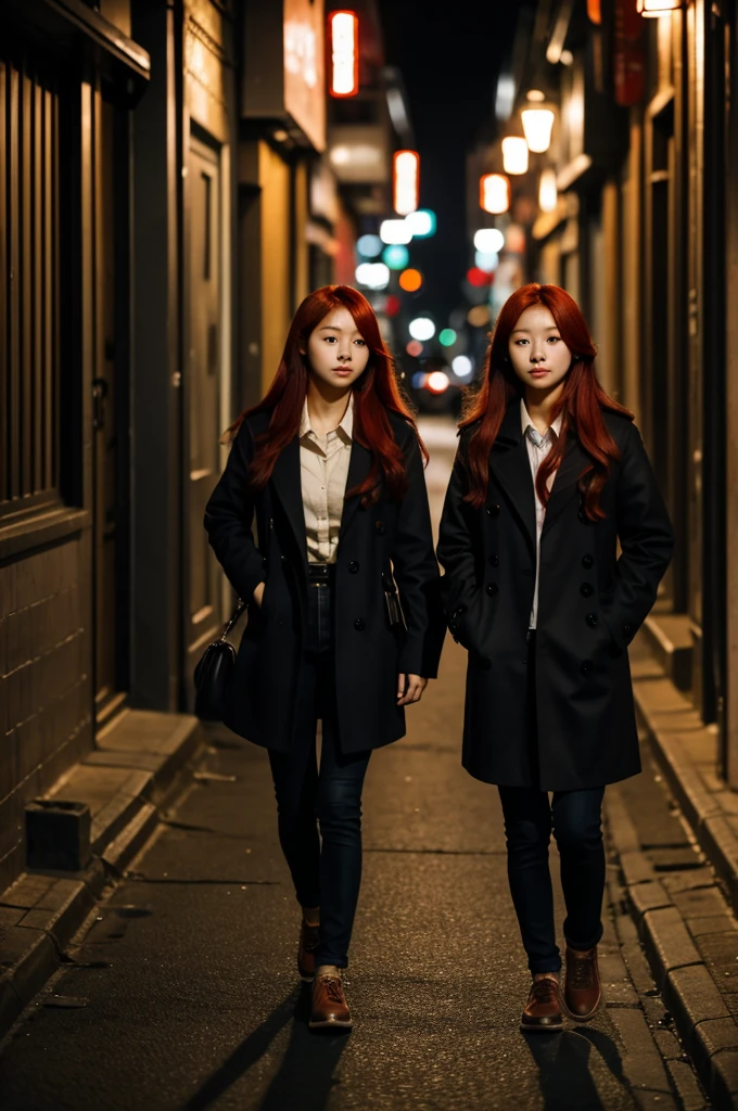 A Korean girl with Cooper long red hair and hazelnut eyes wearing a , walking through a dark street on the night