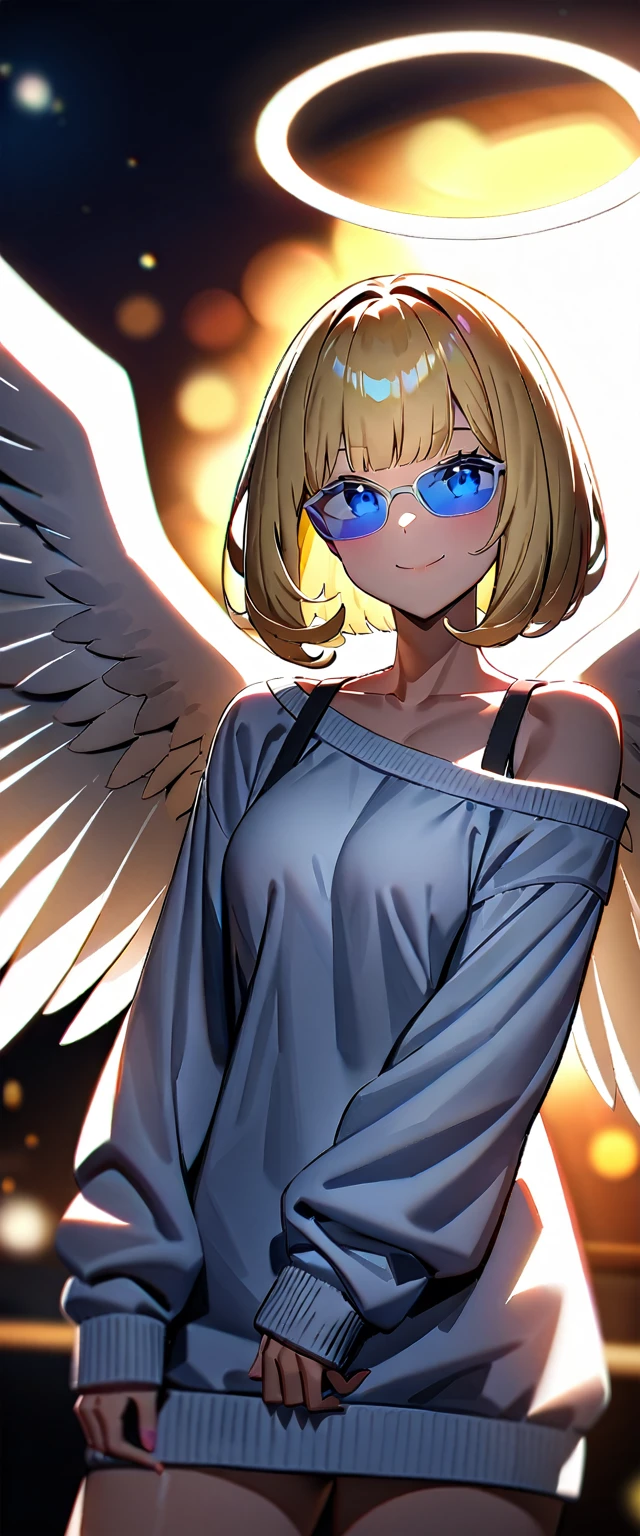 ((flying in the sky)), ((angel, big big white wings:1.3, halo:1.3)), ((sky)), (((sunglasses, hand to sunglasses))), (((cowboy shot))), archangel Uriel, ((wavy hair, inward curled hair)), evening, Sunset, ((blond hair, bob cut:1.3)), breasts, teenager, (looking at viewer), oversized clothes, puffy long sleeves, collarbone, ((off-shoulder sweater:1.3, Quite thick shoulder straps)), ((white sweater)), collarbone, head tilt:1.3, (((blue eyes))), ((happy smile)), (((anime style))), (best quality, 4K, 8K, highres, masterpiece:1.2, ultra-detailed, ultra-detailed eyes, HDR, uhd, studio lighting, ultra-fine painting, sharp focus, physically-based rendering, extreme detail description, professional, vivid colors, bokeh)