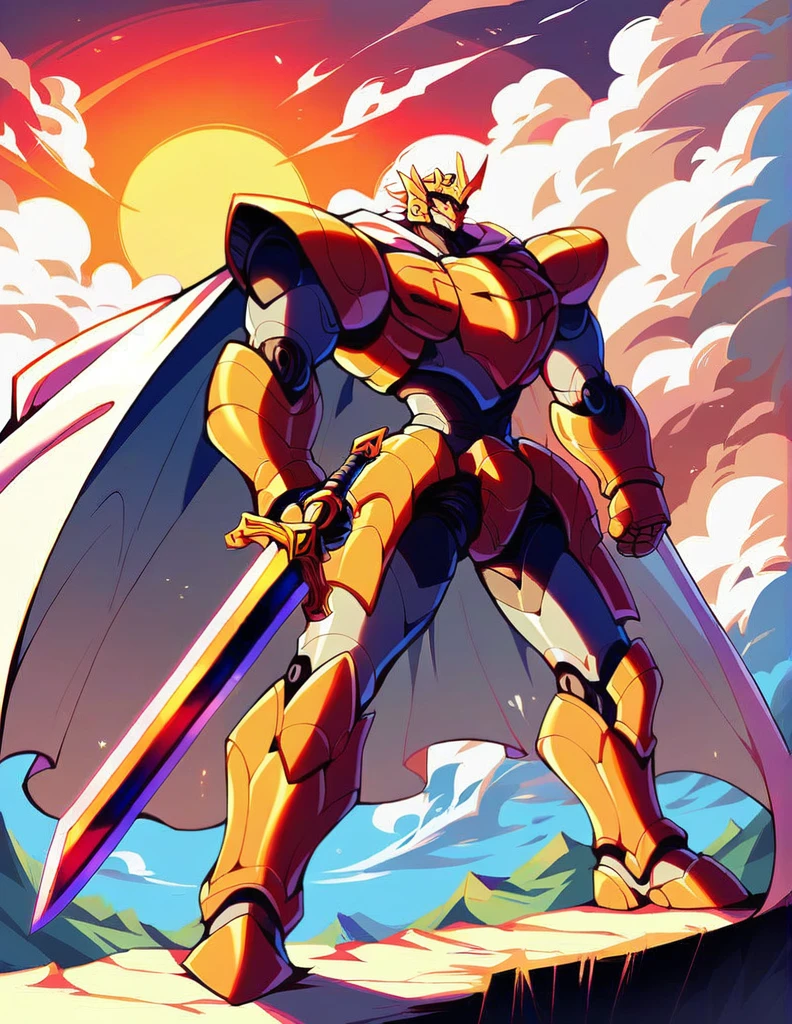 Full body image of King Arthur's personal mech named Excalibur, Excalibur if it were a giant robot, Mecha, Regal Knight aesthetic, white and gold armor with a Scarlett cape billowing in the wind, standing on a cliffside overlooking a fantasy version of Camelot, sunrise in the background, stunning visuals

Holding an energy sword