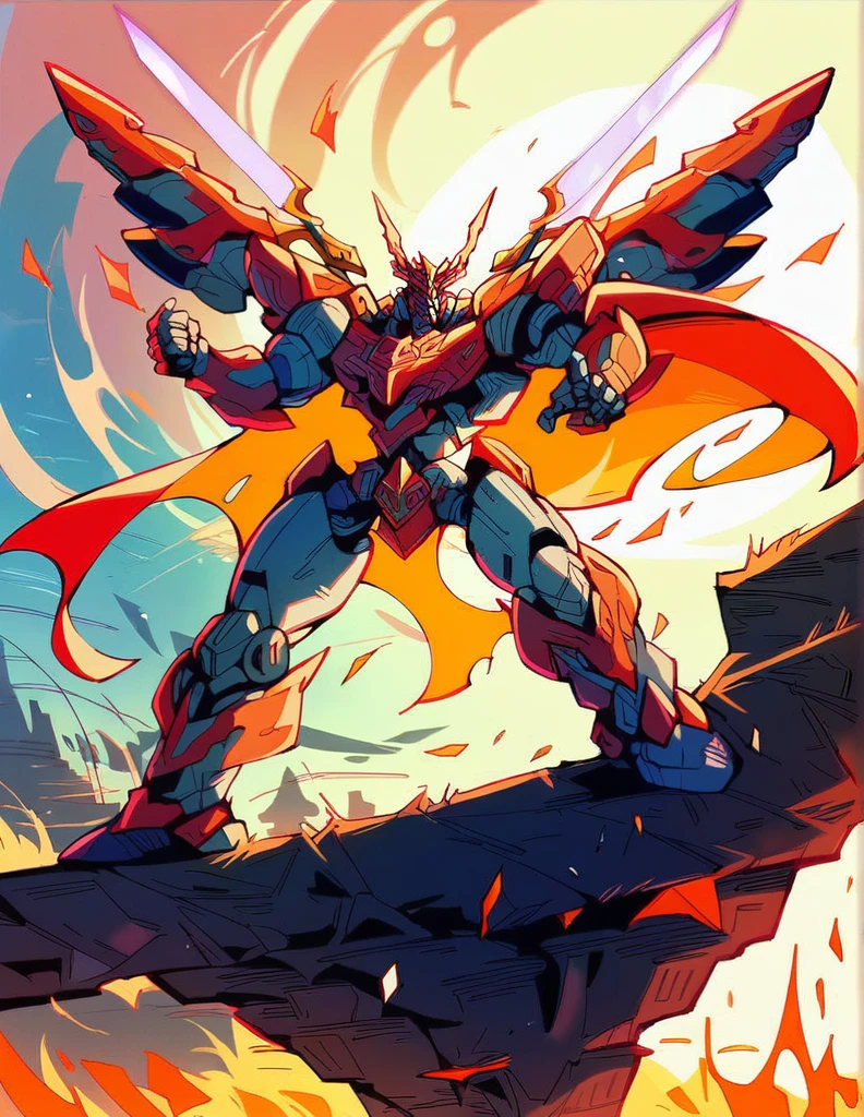 Full body image of King Arthur's personal mech named Excalibur, Excalibur if it were a giant robot, Mecha, Regal Knight aesthetic, white and gold armor with a Scarlett cape billowing in the wind, standing on a cliffside overlooking a fantasy version of Camelot, sunrise in the background, stunning visuals

Holding an energy sword