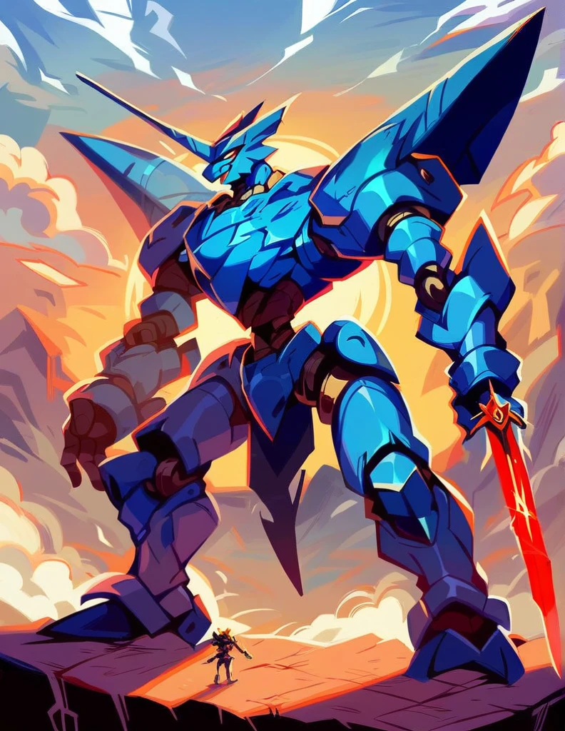 Full body image of King Arthur's personal mech named Excalibur, Excalibur if it were a giant robot, Mecha, Regal Knight aesthetic, white and gold armor with a Scarlett cape billowing in the wind, standing on a cliffside overlooking a fantasy version of Camelot, sunrise in the background, stunning visuals

Holding an energy sword